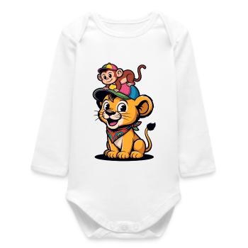 Cute Lion and Monkey – Best Friends - Baby Organic Long-Sleeved Bodysuit - white - Front