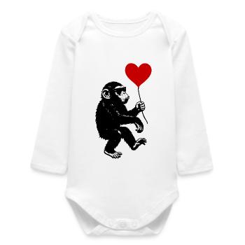 Monkey with Red Heart Balloon - Baby Organic Long-Sleeved Bodysuit - white - Front