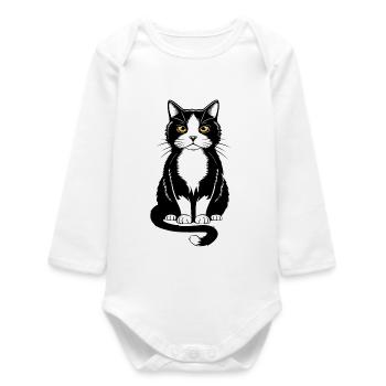 Illustration of a black and white cat with yellow eyes - Baby Organic Long-Sleeved Bodysuit - white - Front