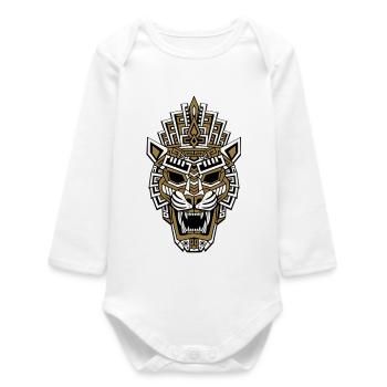 Mayan Inca Jaguar Mask Gold and White Tribal Totem - Baby Organic Long-Sleeved Bodysuit - white - Front