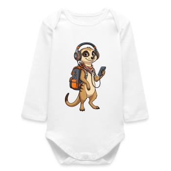 Meerkat mit Rucksack und Kopfhörern Erdmännchen - Baby Organic Langarmbody - Weiß - Vorne
