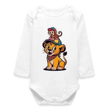 Lion et Singe mignons – Style dessin animé Best Friends - Body bébé manches longues biologique - blanc - Devant
