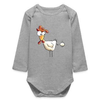 Huhn drückt ein Ei raus - Hahn - Gockel - Henne - Baby Organic Langarmbody - Grau meliert - Vorne