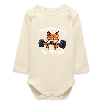 Exhausted Fox Lifting Weights Illustration - Baby Organic Long-Sleeved Bodysuit - soft Ecru - Front