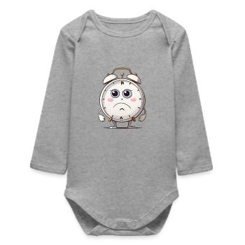 Caring Alarm Clock Cartoon Design - Baby Organic Long-Sleeved Bodysuit - heather grey - Front