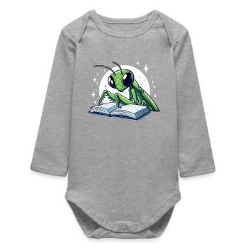Reading grasshopper in the star book - Baby Organic Long-Sleeved Bodysuit - heather grey - Front