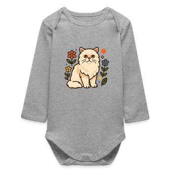 Persian Cat in Floral Glory - Baby Organic Long-Sleeved Bodysuit - heather grey - Front