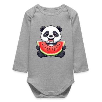 Cute Panda Cartoon Watermelon Summer Fruit - Baby Organic Long-Sleeved Bodysuit - heather grey - Front