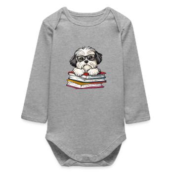 Cute Havanese Dog Reading Book with Glasses - Baby Organic Long-Sleeved Bodysuit - heather grey - Front