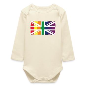 Rainbow Union Jack Pride - UK Flag LGBTQ+ Design - Baby Organic Long-Sleeved Bodysuit - soft Ecru - Front