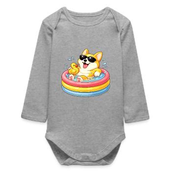 Corgi dans la piscine avec des lunettes de soleil - Body bébé manches longues biologique - gris chiné - Devant