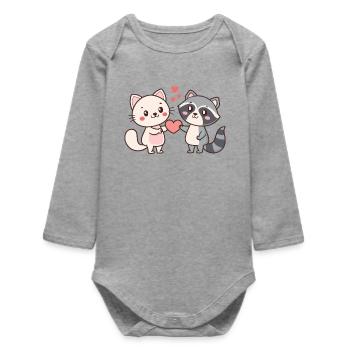 Cat Raccoon Duo Cuddle and Love - Baby Organic Long-Sleeved Bodysuit - heather grey - Front