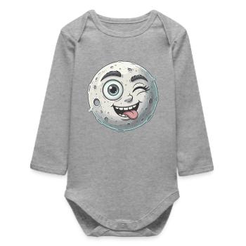 Waving Moon Face Cartoon - Baby Organic Long-Sleeved Bodysuit - heather grey - Front