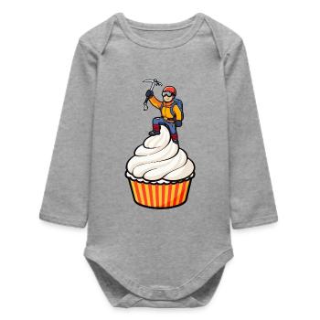Mountaineer on Cupcake – Funny Cartoon Motif - Baby Organic Long-Sleeved Bodysuit - heather grey - Front