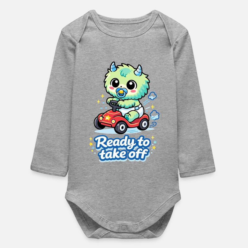 Ready to Take Off Monster Car - Baby Organic Long-Sleeved Bodysuit - heather grey