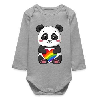 Panda Cartoon holding a Pride Rainbow Heart - Baby Organic Long-Sleeved Bodysuit - heather grey - Front