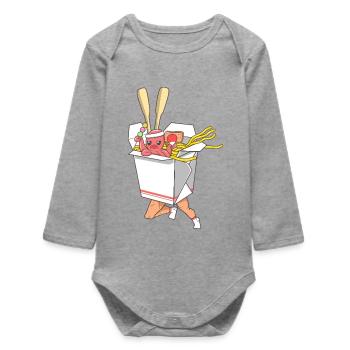 Running Noodle Fighter in Funny Takeout Box Art - Baby Organic Long-Sleeved Bodysuit - heather grey - Front