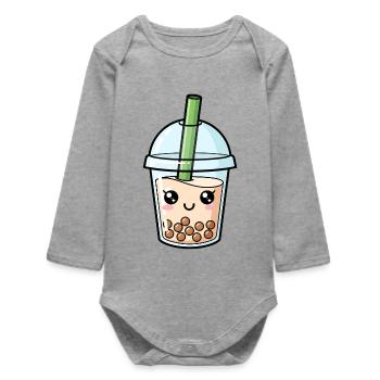 Kawaii-Blasen-Teetassen-Illustration - Baby Organic Langarmbody - Grau meliert - Vorne