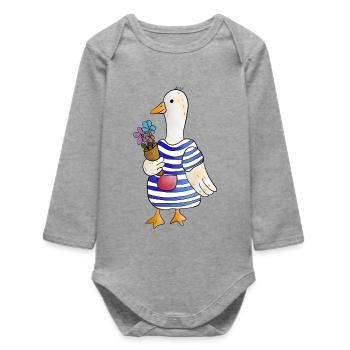 Flower duck in striped look - Baby Organic Long-Sleeved Bodysuit - heather grey - Front