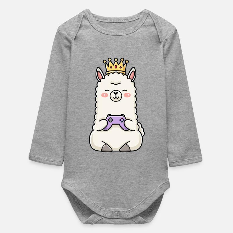 Crown Llama Gamen Controller - Baby Organic Long-Sleeved Bodysuit - heather grey