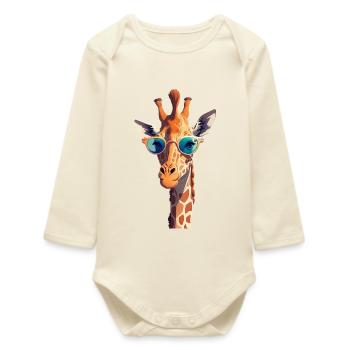 Giraffe with Sunglasses – PopArt Animal Portrait - Baby Organic Long-Sleeved Bodysuit - soft Ecru - Front