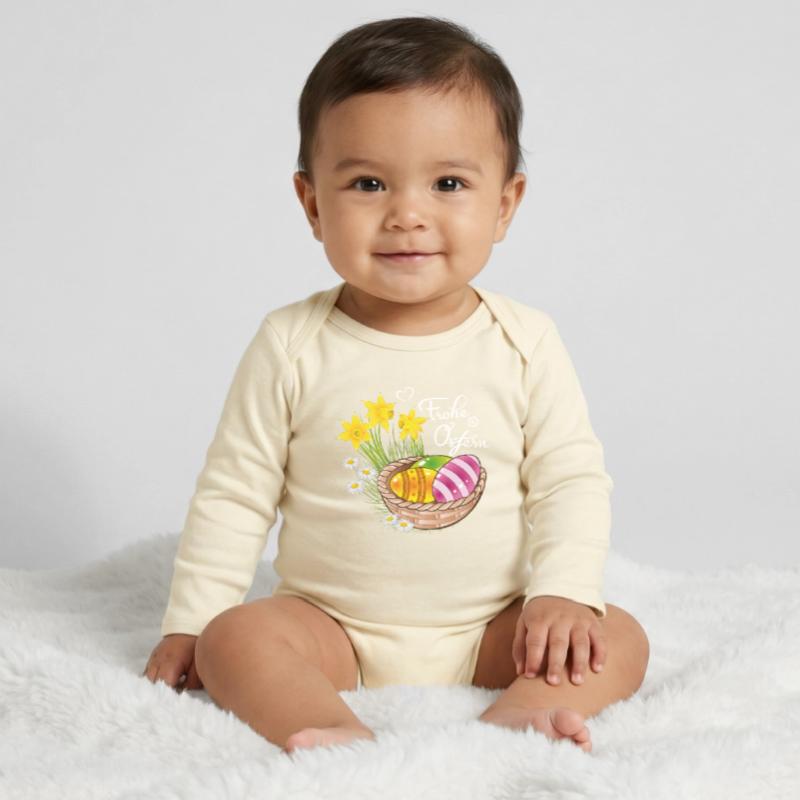 Happy Easter Easter basket Easter eggs Easter flowers eggs Baby Organic Long-Sleeved Bodysuit