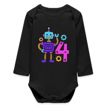 4th birthday robot 4 years old - Baby Organic Long-Sleeved Bodysuit - black - Front