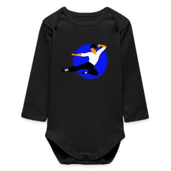Karate Flying Kick in Blue Circle - Baby Organic Long-Sleeved Bodysuit - black - Front