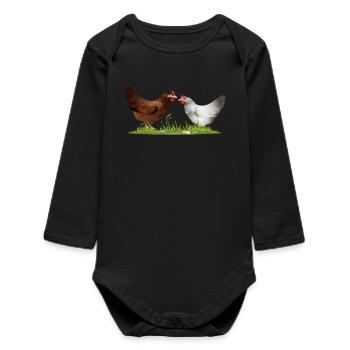 two free-running chickens on a green meadow - Baby Organic Long-Sleeved Bodysuit - black - Front