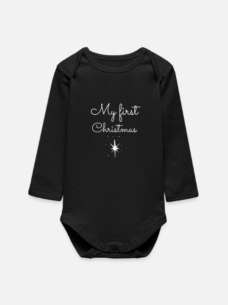 My First Christmas Star Print - Baby Organic Long-Sleeved Bodysuit - black