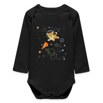 Playful Cat in Cosmic Space Scene - Baby Organic Long-Sleeved Bodysuit - black - Front