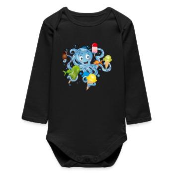 cool octopus with lots of ice cream under water - Baby Organic Long-Sleeved Bodysuit - black - Front