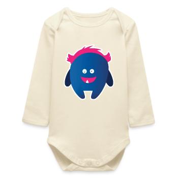 Cute Blue Monster  | Funny Pink Hair Creature - Baby Organic Long-Sleeved Bodysuit - soft Ecru - Front