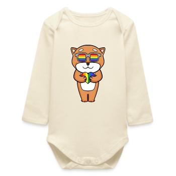Dog Shiba Inu with glasses and heart - Baby Organic Long-Sleeved Bodysuit - soft Ecru - Front