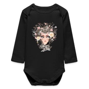 Portrait of a young woman with flowers in her hair - Baby Organic Long-Sleeved Bodysuit - black - Front