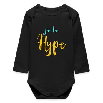 J'ailahype - blau-gelbe Schrift - Baby Organic Langarmbody - Schwarz - Vorne