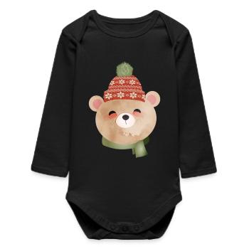 ours mignon avec bonnet à pompon et écharpe en hiver - Body bébé manches longues biologique - noir - Devant