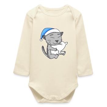 Sleeping Tired - Cat with Pillow and Sleepy Cap - Baby Organic Long-Sleeved Bodysuit - soft Ecru - Front