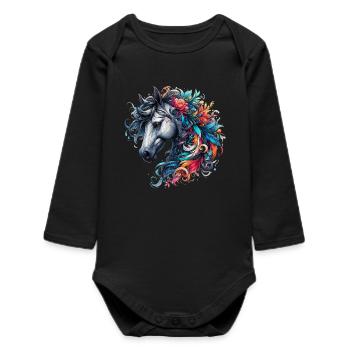 Horse - Baby Organic Long-Sleeved Bodysuit - black - Front