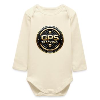 GPS Tracking Carbon Gold Warning Stickers - Baby Organic Long-Sleeved Bodysuit - soft Ecru - Front