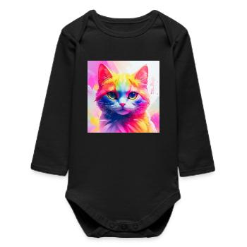 Vibrant Rainbow Cat Artwork - Baby Organic Long-Sleeved Bodysuit - black - Front