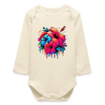 Hibiscus Flowers - Baby Organic Long-Sleeved Bodysuit - soft Ecru - Front