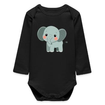 Cute Happy Elephant - Adorable Cartoon - Baby Organic Long-Sleeved Bodysuit - black - Front