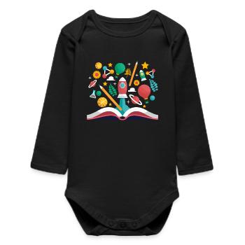 Livre ouvert avec des objets scolaires, apprendre et éduquer - Body bébé manches longues biologique - noir - Devant