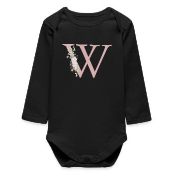W Monogram, Floral, Personalizable - Baby Organic Long-Sleeved Bodysuit - black - Front