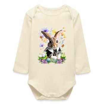 Elegant Easter bunny in flower field - Baby Organic Long-Sleeved Bodysuit - soft Ecru - Front