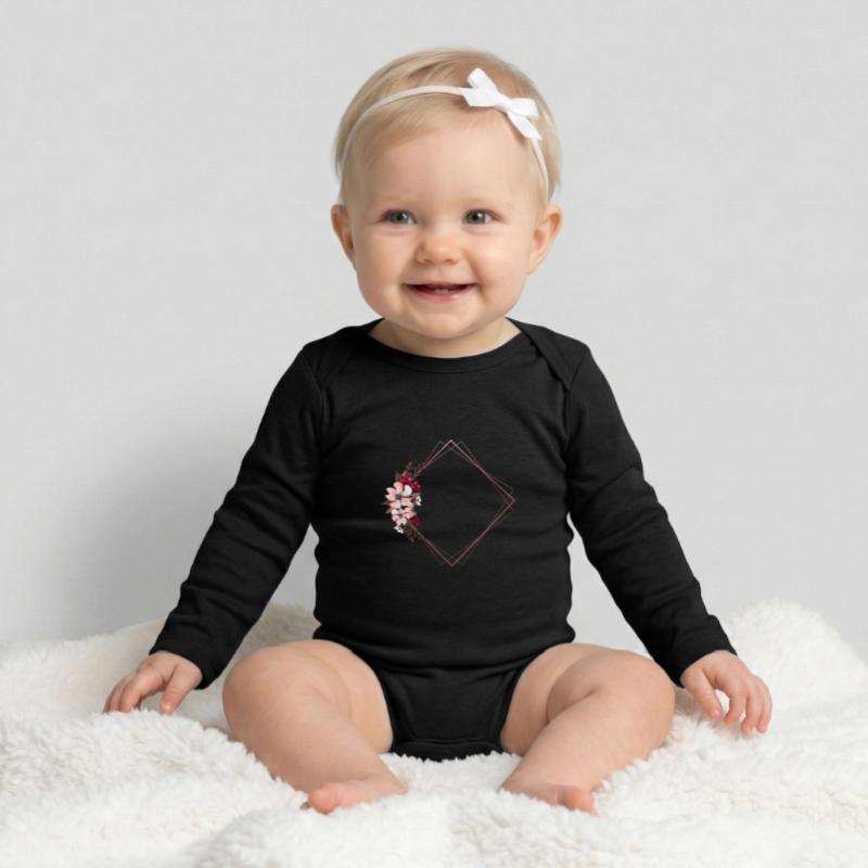 Flowers in Rectangular Frame / Pink Tones Baby Organic Long-Sleeved Bodysuit