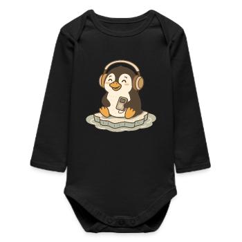 Pingouin mignon mélomane avec des écouteurs - Body bébé manches longues biologique - noir - Devant