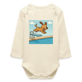 Playful dog jumping into the water - Baby Organic Long-Sleeved Bodysuit - soft Ecru - Front