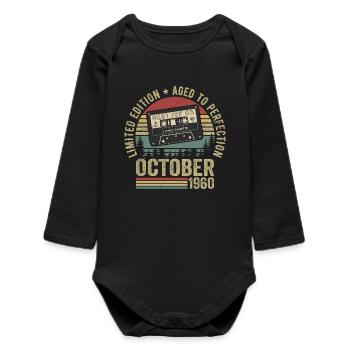 Vintage Car October 1960's Birthday Gift October - Baby Organic Long-Sleeved Bodysuit - black - Front